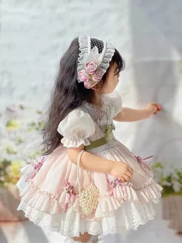 0-8Y Bērnu Vasaras Meitene Gaiši Rozā turku Vintage Lolita Princese Bumbu Kleita Kleita Dzimšanas dienas Svētku Gadījuma Eid