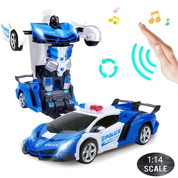 1:14 RC Automašīnām 30CM 2.4 Ghz Indukcijas Transformācijas Robots LED Mūzikas Deformācijas Žests Tālvadības Policijas Auto Rotaļlietas Bērniem B02