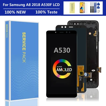 100% Super Amoled SAMSUNG GALAXY A8 2018 A530 A530F LCD Displejs, Touch Screen Digitizer Montāža A8 2018 Duos LCD A530F/DS