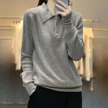 100% vilnas džemperis sieviešu atloks vienkrāsainu džemperi 2022. gada rudenī un ziemā, jauns adīts tops zaudēt modes džemperis sievietēm
