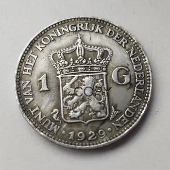 1929 Nīderlande 1 Gulden Vilhelmīna Sudraba Pārklājumu Kopēt Monētas