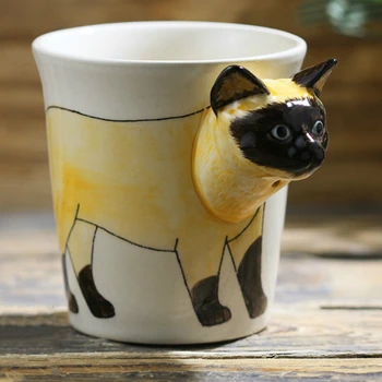 200ML ar roku apgleznotus dzīvnieku kafijas tasi Radošo Siāmas kaķis keramikas kauss Cartoon dāvanu kafijas krūze Birojam ūdens glāzi Puse dāvanas
