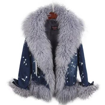 2018 Dabisko vilnu izklāta ar greznu vilnas, kažokādas apkakle džinsa mētelis ziemas gadījuma silts modes īss kažokādas jaka