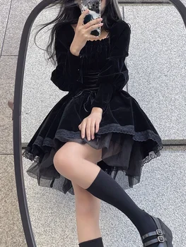 2022. Gada Pavasarī Melna Samta Y2k Mini Kleita Sieviete Gothic Kawaii Lolita Puse Kleita Ar Garām Piedurknēm Korejas Modes Kleita Mežģīņu Dizaina Slim