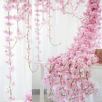 225CM Mākslīgā Zīda Ziedi 18 Kopas, Ķiršu Vīnogu Rotangpalmas Vainags Sienas Karājas Mākslīgās Cherry Blossom Vīnogulāju Kāzu Mājas Dekoru