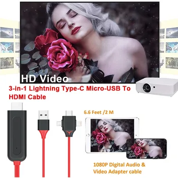 3 in 1 Zibens/Micro USB/C Tipa HDMI Kabeļa Adapteris 1080P HD Digital AV Converter for IPhone X Android Planšetdatoru TV Projektoru