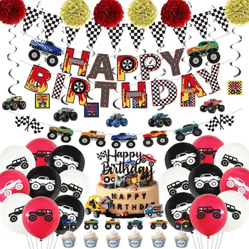 54Pcs Monster Truck Tēmu Puse ierosina Iekļaut laimes Dzimšanas dienā, Baneri, Roku Papīra Ziedu Dekorācijas un Lateksa Baloni
