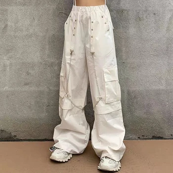 90.gados Apģērbu Stils Harajuku Gothic Baltu Kravas Bikses Ar Ķēdes Hipiju Punk Baggy Bikses Y2K Lielajam Karstā Meitene Bikses