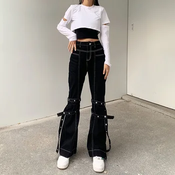 90. GADU Hip Hop Streetwear Y2K Black Harajuku 2022 Džinsi Sievietei Augsts Viduklis Plats Kāju Modes Slim Fit Vintage Džinsa Bikses