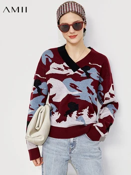 Amii Minimālisms Džemperi Sieviešu Modes Vneck Atšķirībā Adīti Topi High Street Sieviešu Džemperis Jaunas Ziemas Apģērbu 12141015