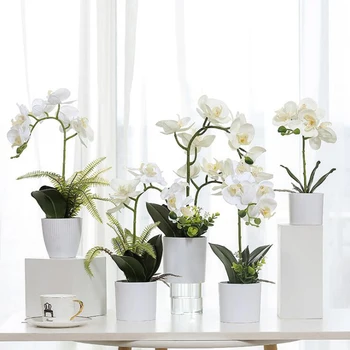 Augstas kvalitātes Tauriņš Orhidejas Ziedu kompozīcijas, Lateksa, Silikona Nekustamā Touch Folwers Bonsai OfficeTable Home Hotel Dekoru ar Vāze