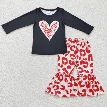 Baby Girl Valentīna Diena Apģērbs Bērniem, Melns ar garām Piedurknēm Sarkana Sirds Krekls Toddler Leopard Bell Grunts Bikses, Zīdainis, Mazulis Komplekts