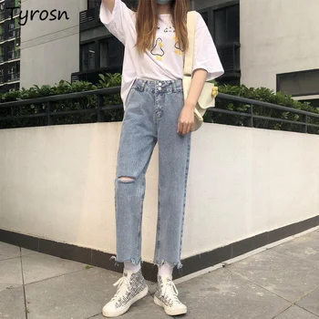 Caurumu Dizaina Džinsi Sievietēm Potītes garuma Bikses Taisni Šiks Visu maču Jaunu korejiešu Modes Studentiem Streetwear Hip Hop Gadījuma Ins