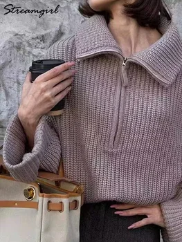 Cieto Apkakli Sievietēm Adīšanas Lielajam Džemperi Zaudēt Knitwears Modes Topi, Sieviešu'Sweater Rose Red Rāvējslēdzēju Džemperi Sievietēm