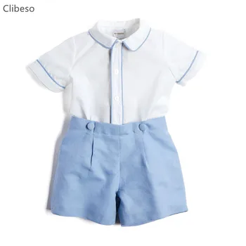 Clibeso 2023 Bērnu Zēniem Klasisko Apģērbu Komplekts Bērniem, spāņu Boutique Apģērbs, Kostīmi, Baltie Krekli, Zils Kokvilnas īsās bikses-Šorti Bikses EID