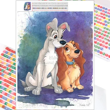 Dimanta Izšuvumi Mozaīku Disney Krāsošana Suņu Miss un Gangsteris Mīlestību Dzīvnieku 5D DIY Pilnu Kvadrātveida, Apaļas Cross Stitch Sienas Mājās