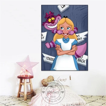 Disney Alise Smaida Druka Kanvas Glezna Alice In Wonderland Kaķis Walll Mākslas Karikatūra Nursey Plakātu Par Bērnu Istabas Mājas Apdare