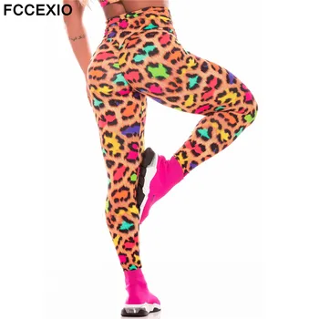FCCEXIO Leopard Graudu Krāsu Sieviešu Zeķes Fitnesa Modes Sexy Slim Saspringts Leggins Sporta Legins Augsta Vidukļa Treniņu Bikses