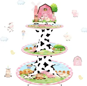 Funmemoir Lauksaimniecības Dzīvnieku Tēmu Cupcake Stāvēt Rozā 3-Līmeņu Kūka Stāvēt Dzimšanas Dienas Svinības Kūka Rotājumi, Galda Piederumi Kūka Turētājs