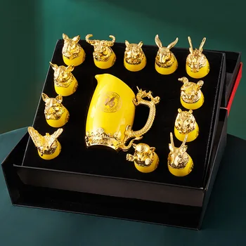 Gold-plated Divpadsmit Dzīvnieku Galvas Keramikas Vīna Glāzi Dozatoru Amatniecības Apdare Dāvanu Shot Brilles Komplekts Mājas Degvīns, Tekila Stikla Jaunas