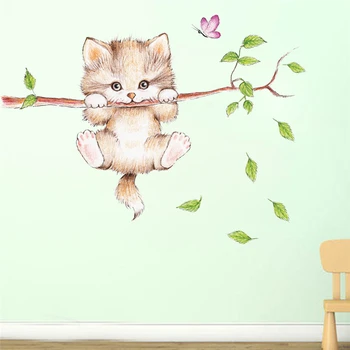 Gudrs Kaķis, Karājas Uz Koka Zaru Sienas Uzlīmes, Home Decoration Diy Karikatūra Kaķēns Lolojumdzīvnieku Sienas Māksla Bērniem Uzlīmes Pvc Plakātu
