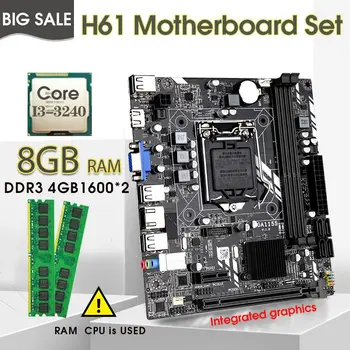 H61M LGA 1155 Mātesplati, kas ar I3-3240 PROCESORU un DDR3 2*4GB=8GB PC RAM, 1600 Komplekts
