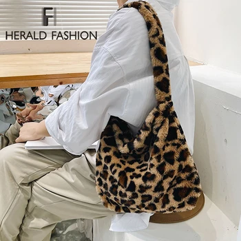 Herald Modes Faux Kažokādas Sieviešu Plecu Soma Leopard Print Mīkstās Plīša Sieviešu Crossbody Messenger Maku Ziemas Pūkains Dāmu Somiņa