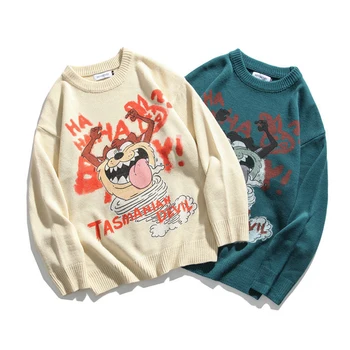 High Street Trikotāžas Džemperis Vīriešiem Karikatūra Modelis Pulovers Vintage Gadījuma Brīvs O-Apkakli, Streetwear Unisex Rudens Japāņu