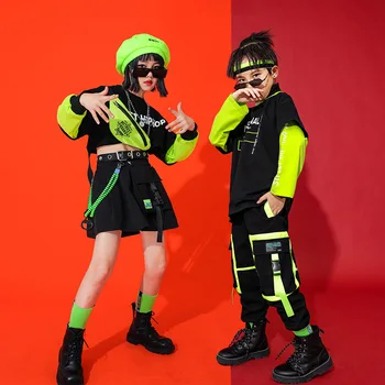 Hip Hop Apģērbu Meitenēm Zaļā Garām Piedurknēm Melnā Topi Hip Hop Bikses Balles Deju Apģērbs Bērniem Ielu Deju Skatuves Kostīmu