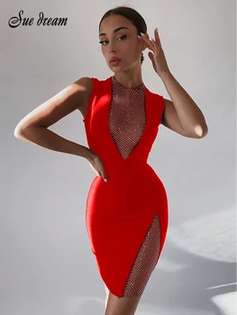 Ir 2021. Vasarā Jaunu Sieviešu Sexy V-neck bez Piedurknēm Acs Dimanta Bodycon Pārsējs Kleitu Modes Dizainere Vakara Puse Kleita Vestido