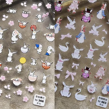 Japānas 5D Ultra-plānas un Grūts, Nagu Uzlīmes Cute Bunny Rozā tauriņu Truša Balto Gulbju Nagu Mākslas Apdare Uzlīmes Slīdni, Uzlīmes