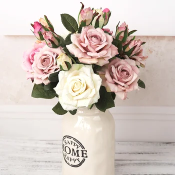 JAUNAS skaistas lielas rozes filiāle mākslīgā zīda ziedi mājās, kāzu dekorēšana retro rudens lielas rozes baltās viltus ziedu dekori