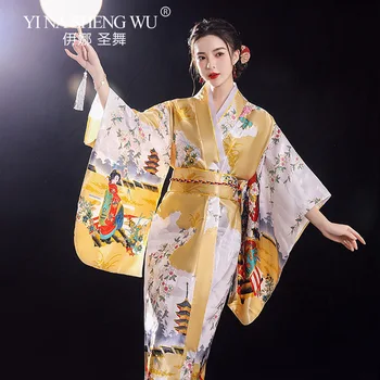 Jauns Japāņu kimono, Sexy Sievietes Kimono Yukata Ar Obi Jaunums-Japānas Tradicionālās Cosplay Kostīmu Satīna Ziedu Mantija, Viens Izmērs
