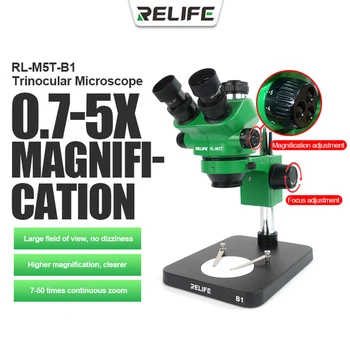 Jaunu RELIFE RL-M5T-B1 0.7-5.0 X Trinokulara HD Stereo Mikroskopu Nepārtrauktu Tālummaiņu, Fokusa Platleņķa HD Mobilo Telefonu Remonts Mikroskopa