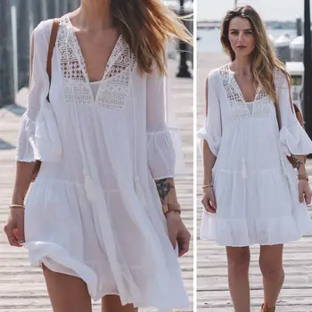 Karstā pārdošanas 2022 šifona vasaras pludmales kleita gadījuma jaunas slim mežģīnes salaist sexy kleitas sievietēm laternu piedurknēm baltā sieviešu apģērbs