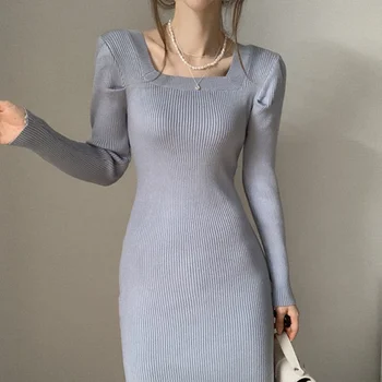 Kvadrātveida Apkakles Bieza Eleganta Trikotāžas Rudens Zils Apģērbs Kleitas Sieviete 2022 Džemperis Kleita Sievietēm Cietā Silts Korejas Vintage Ziemas