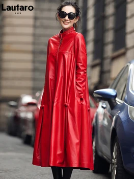 Lautaro Rudens Garā Sarkanā Elegants Luksusa Mākslīgās Ādas Mētelis Sievietēm Ar Garām Piedurknēm Melnā Vadvirsmas Ķīniešu Stila Apģērbu Modes 2021