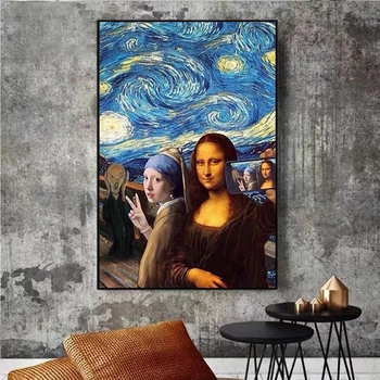 Meitene ar pērļu auskaru un Mona Lisa zem zvaigžņotām nakts plakāti un izdrukas uz sienas gleznojums mākslas bildes