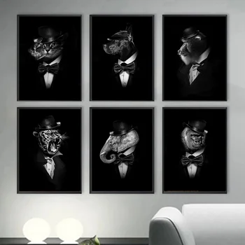 Melnā Un Baltā Mākslas Dzīvnieku Cepures Kanvas Glezna Lauva, Tīģeris Mērkaķis Gorilla Suns Džentlmenis Plakāti Un Izdrukas Mājas Dekoru