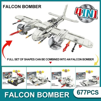 Militāro Lidmašīnu Bombardēšanas Celtniecības Bloki 4IN1 Falcon bomber WW2 Helikopteru Armijas Ieroci Karavīrs DIY Modelis Ķieģeļu Rotaļlietas Bērniem