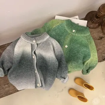 Modes Bērnu Džemperis Mētelis 2022 Rudens New Baby Zēni un Meitenes kaklasaišu krāsošanas Kontrasta Krāsu Jaka Kids Vienu Krūtīm Džemperis