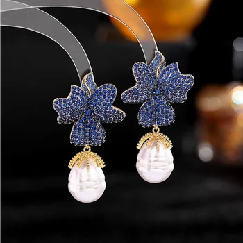 Modes jaunus auskarus augsta līmeņa pārspīlēti zircon auskari ziedu baroka pērļu auskari 925 Sudraba Pin LYB-033