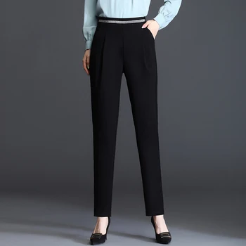 Modes Sievietes Bikses Melnā Stiept Taisni Elastīgs Viduklis Uzvalku Bikses Sievietēm Satīna Bikses ar Kabatas 2022. Gada Pavasara Sieviešu Apģērbu