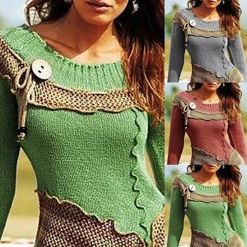 Modes Sievietes Pogu Džemperis Gadījuma Raibs Apaļu Kakla Garām Piedurknēm Nelegālo Pulovers Rudens Dāmas Džemperis
