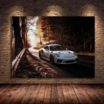 Mūsdienu Supercars 911 GT3 RS Sienas Mākslas Audekls Gleznas Baltā Automašīnā Meža Attēlu, Izdrukāt Transportlīdzekļa Apdarei: Dzīvojamā Istaba bez rāmīša