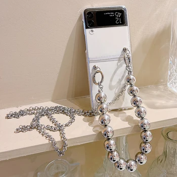 Nerūsējošā Tērauda Plānas Ķēdē Crossbody Kaklarota Tālrunis Case For Samsung Galaxy Z Flip 4 3 5G Bieza Krelles Plaukstas locītavas Skaidrs Vāciņu