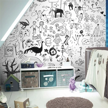 pasūtījuma Mūsdienu Ziemeļvalstu sienas melns balts grafiti tapetes bērnu istabas tapetes guļamistabā zēns personības radošo sienas