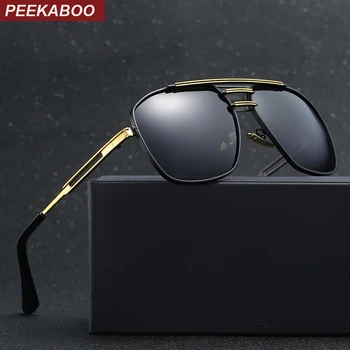 Peekaboo uv400 polarizētās saulesbrilles, vīriešu luksusa zīmolu ar rūtiņu laukumā zelta metāla braukšanas saules brilles vīriešiem polarizētās