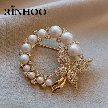 Rinhoo Baroka Pērļu Imitācijas Rhinestone Vainags Tauriņš Broša Sieviešu Tendence Elegantu Loku Lapu Broša Adatas Puse Kāzu Dāvanu