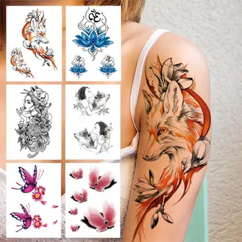 Sexy Fox Ziedu Pagaidu Tetovējums Sievietēm, Meitenēm Pieaugušo Lotus Vilks Tauriņš Tetovējumiem, Uzlīmes, Akvarelis, Viltus Ūdensizturīgs Tetovējums Rokas